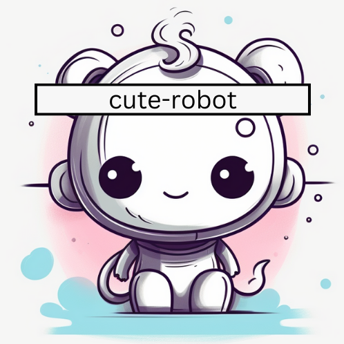 Black and white adorable bot with pink and blue background and the words "cute-robot"